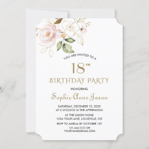 Invitation Fleurs d'or rose vierge unique 18e anniversaire