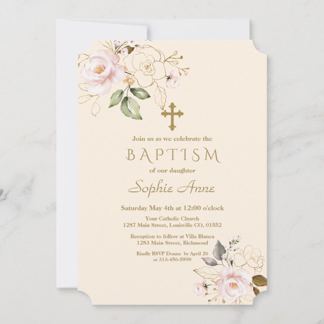 Invitation Fleurs d'or Roses Blush Croix Champagne Baptême (Devant)