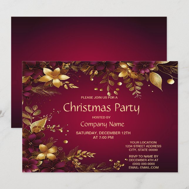Invitation Fleurs d'or rouge Bourgogne Noël (Devant / Derrière)