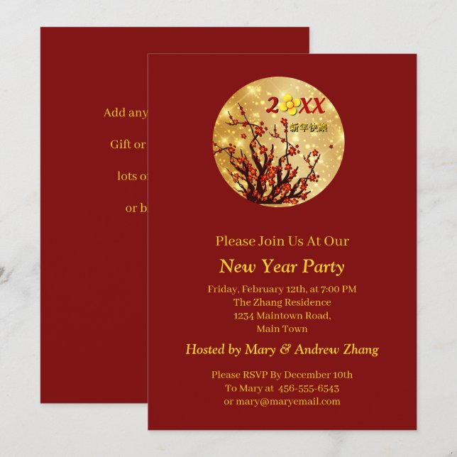 Invitation Fleurs d'or rouge Joyeux Nouvel An chinois 20XX (Devant / Derrière)