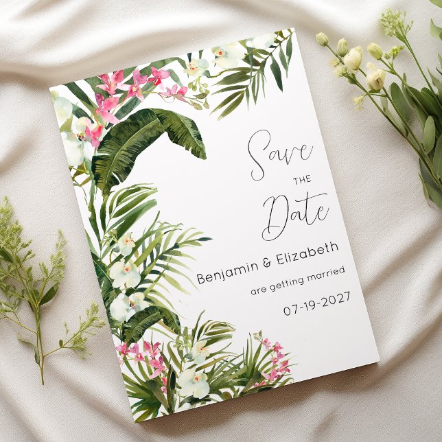 Invitation Fleurs d'orchidées tropicales blanches roses Sauve (Pink white tropical orchid flowers Save the Date)