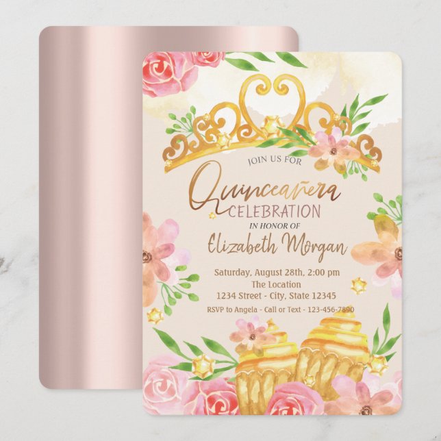 Invitation Fleurs, Douceurs, Rose Gold Quinceañera (Devant / Derrière)