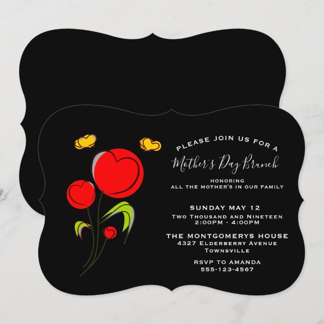 Invitation Fleurs du Coeur Rouge mignonnes Brunch Fête des Mè (Devant / Derrière)