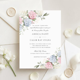 Invitation Fleurs Élégant Mariage Hortensia Rose & Bleu