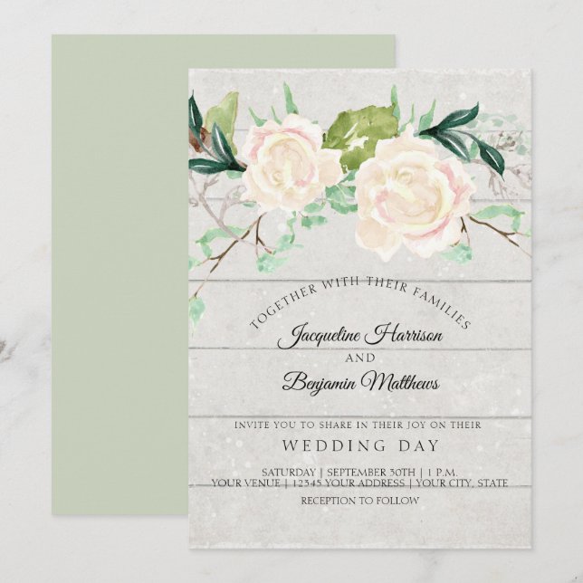 Invitation Fleurs Élégantes Aquarelle Fleur de Rose Ivoire Ru (Devant / Derrière)