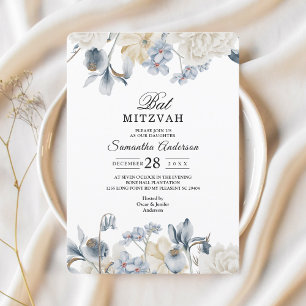 Invitation Fleurs Élégantes Bleues et Blanches d'Hiver