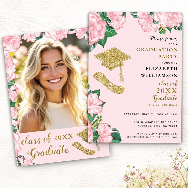 Invitation Fleurs élégantes Blush Pink et Gold Graduation (Créateur téléchargé)