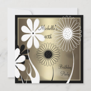 Invitation Fleurs Élégantes Bronze Noir Blanc 40e Anniversair