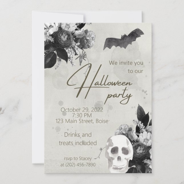 Invitation Fleurs élégantes et Halloween Party Invitati crâne (Devant)