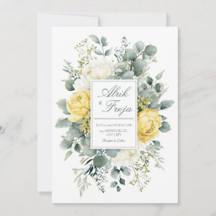 Invitation Fleurs élégantes jaunes et blanches Eucalyptus aqu