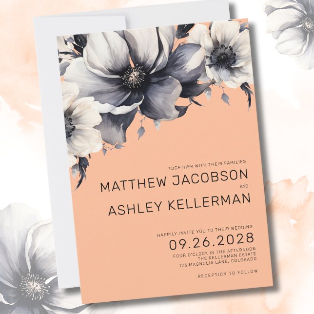 Invitation Fleurs Élégantes Mariage Floral Pêche (Modern Elegant Watercolor Floral Peach Wedding Invitation)