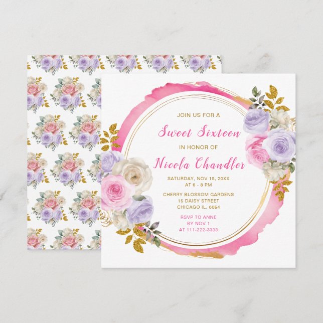 Invitation Fleurs élégantes rose et violet Sweet sixteen (Devant / Derrière)