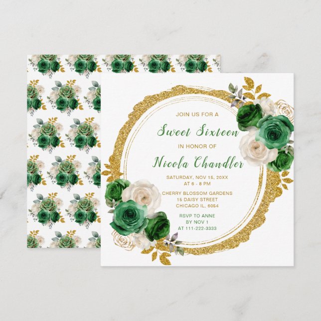 Invitation Fleurs élégantes Sweet sixteen vert foncé et or (Devant / Derrière)
