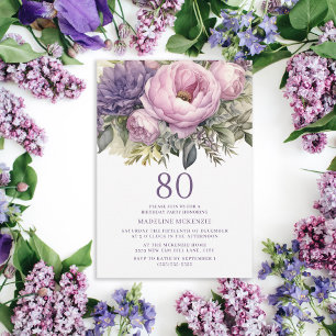 Invitation Fleurs élégantes violettes et roses pour 80 ans