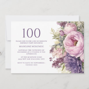 Invitation Fleurs élégantes violettes roses 100e anniversaire