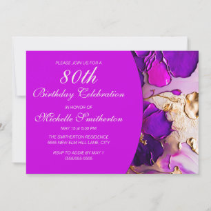 Invitation Fleurs élégantes violettes roses or 80e anniversai