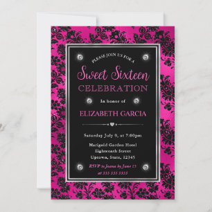 Invitation Fleurs en Damassé Pailletées Rose et Noire pour Sw
