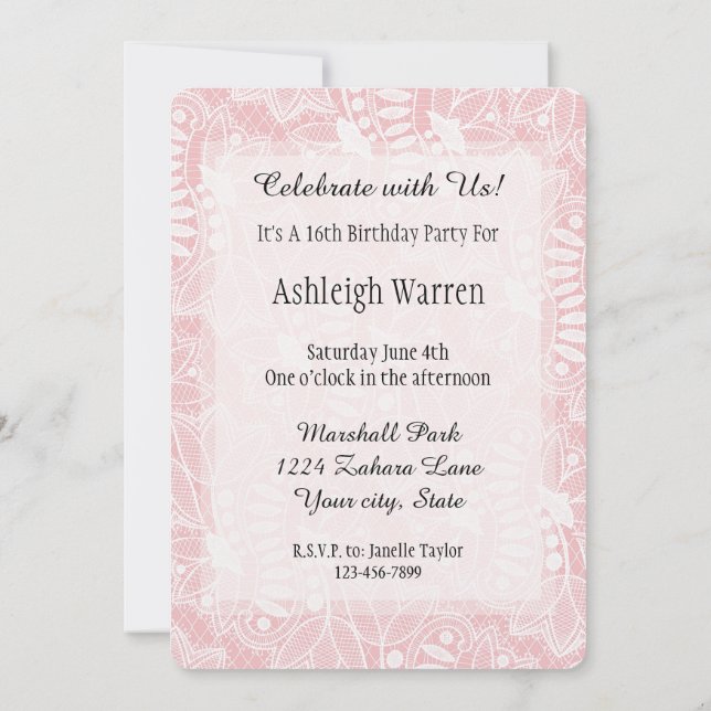 Invitation Fleurs en dentelle rose 16e anniversaire (Dos)