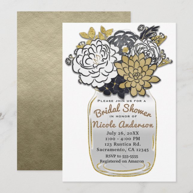 Invitation Fleurs en pot Mason Rustique Gris Or Floral Chic (Devant / Derrière)
