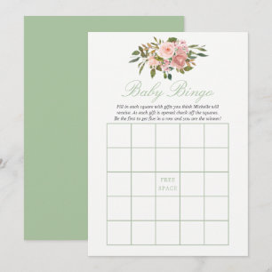Invitation Fleurs en rose et sauge Baby Shower Bingo bébé