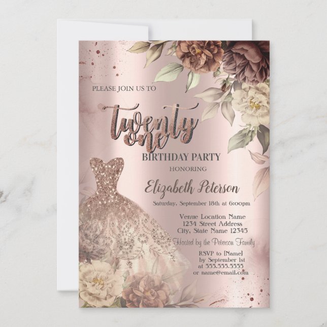Invitation Fleurs en terre cuite Robe Vin Verre 21e anniversa (Devant)