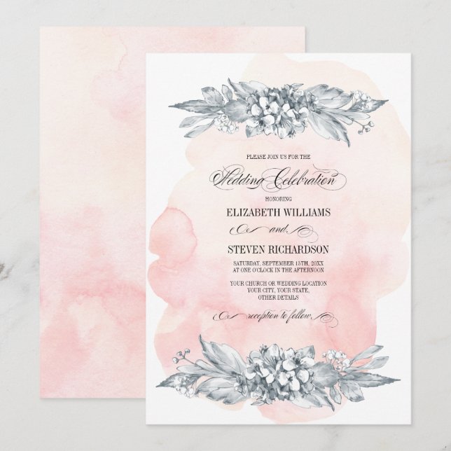 Invitation Fleurs esquissées Aquarelle Bleu Mariage rose (Devant / Derrière)