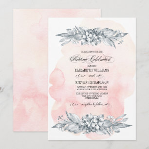 Invitation Fleurs esquissées Aquarelle Bleu Mariage rose