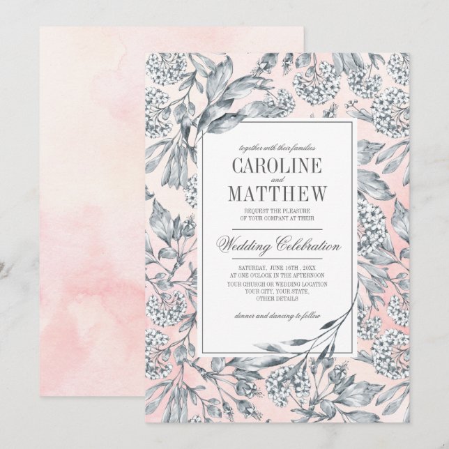 Invitation Fleurs esquissées Aquarelle Rose Blush Mariage (Devant / Derrière)