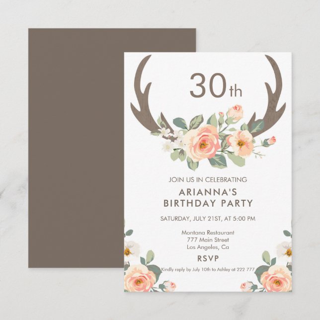 Invitation Fleurs et Antlers de Cerfs Anniversaire (Devant / Derrière)