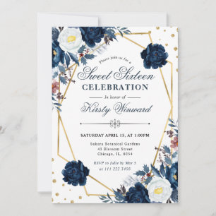 Invitation Fleurs et cadre bleus et blancs pour un doux 16ème