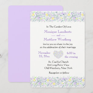 Invitation Fleurs et coeurs de mariage floraux violets et jau