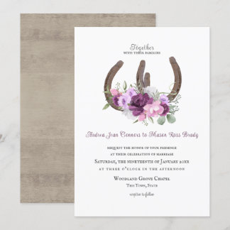 Invitation Fleurs et fer à cheval rustiques violet