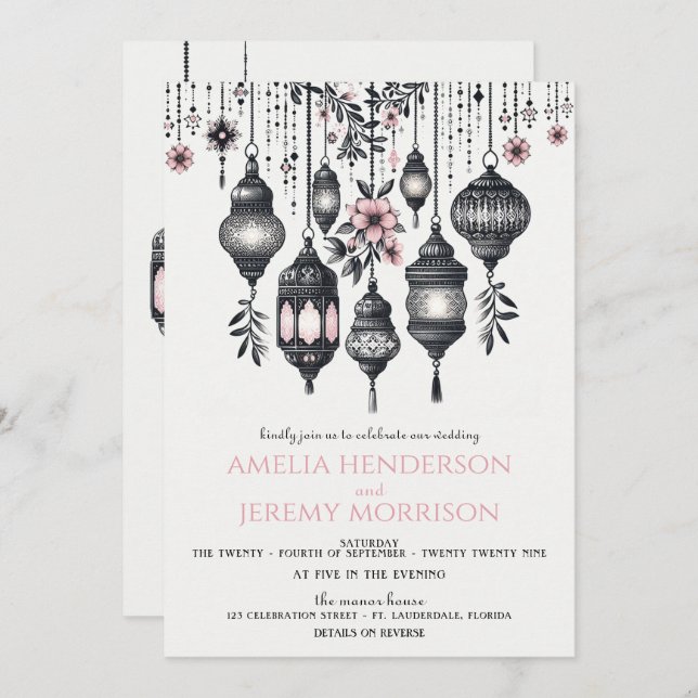 Invitation Fleurs et lanternes roses QR Code Mariage (Devant / Derrière)