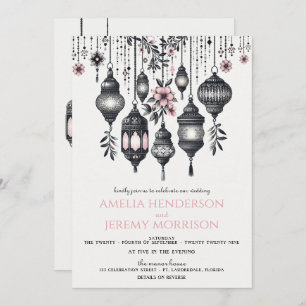 Invitation Fleurs et lanternes roses QR Code Mariage