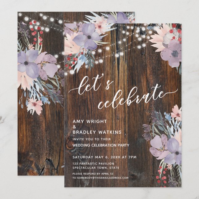 Invitation Fleurs et lumières Bohème Rustique Fêtons (Devant / Derrière)