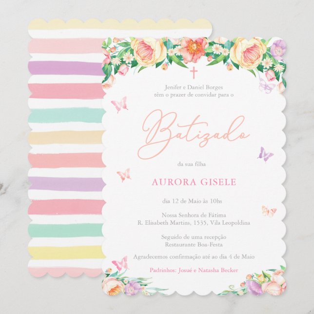 Invitation Fleurs et papillons Baptême portugais Batizado (Devant / Derrière)