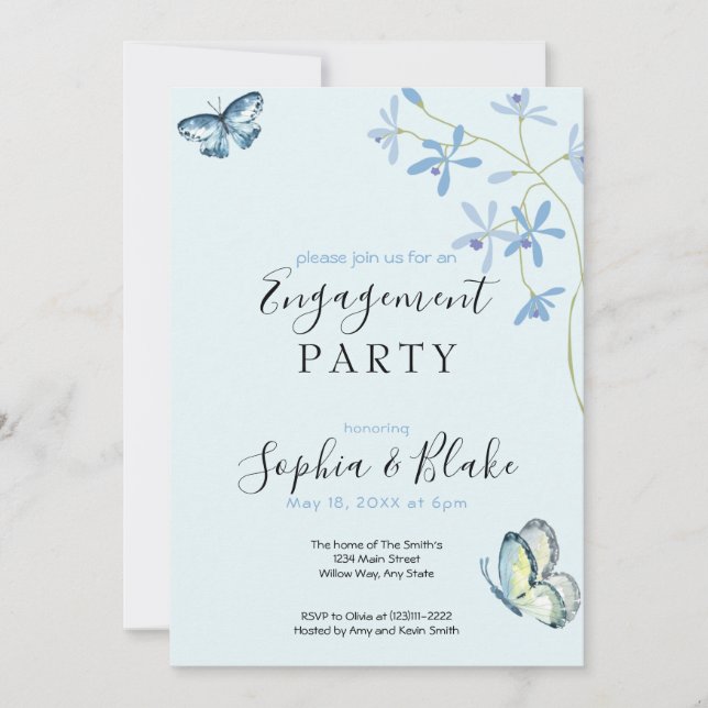 Invitation Fleurs et papillons | Blue Engagement Party (Devant)