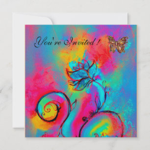 Invitation FLEURS et PAPILLONS fantaisistes rose bleu jaune