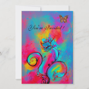 Invitation FLEURS ET PAPILLONS FANTAISISTES rose bleu jaune