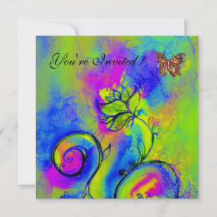 Invitation FLEURS ET PAPILLONS FANTAISISTES violet bleu vert