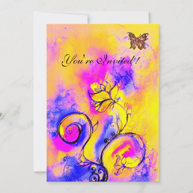 Invitation FLEURS ET PAPILLONS fantaisistes violet jaune rose (Devant)