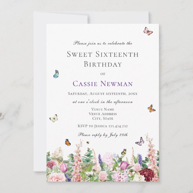 Invitation Fleurs et papillons violets roses | 16e anniversai (Devant)