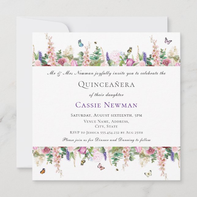 Invitation Fleurs et papillons violets roses | Quinceañera (Devant)