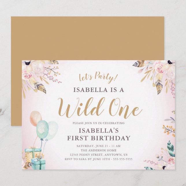 Invitation Fleurs et plumes Wild One Girl's 1st Birthday (Devant / Derrière)