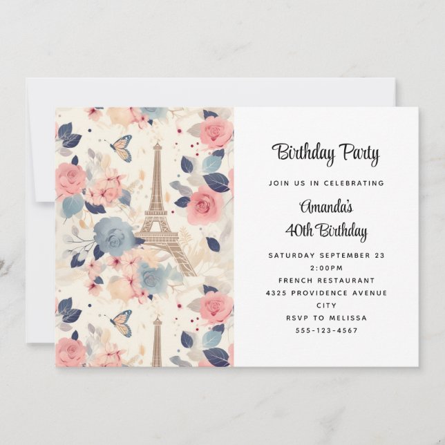 Invitation Fleurs et Tour Eiffel Paris Motif Anniversaire (Devant)