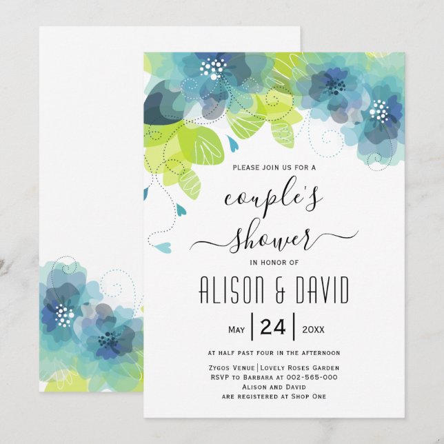 Invitation Fleurs éthérées bleues turquoises mariage couple d (Devant / Derrière)