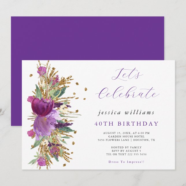 Invitation Fleurs étincelantes Fête d'anniversaire (Devant / Derrière)