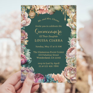 Invitation Fleurs étincelantes Vertes Or Vertes Quinceanera