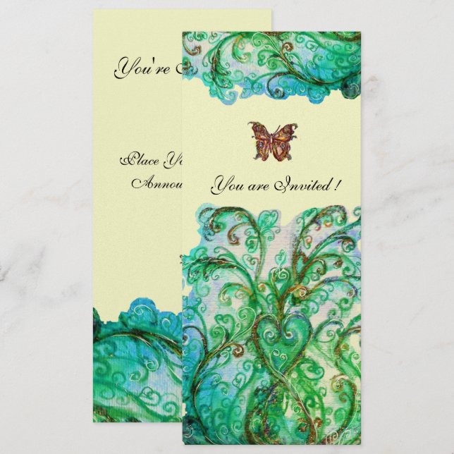 Invitation FLEURS FANTAISISTES Bleu brillant Vert Blanc Perle (Devant / Derrière)