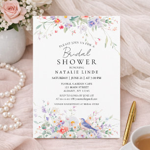 Invitation Fleurs Fantaisistes et Oiseaux Bleus Aquarelle